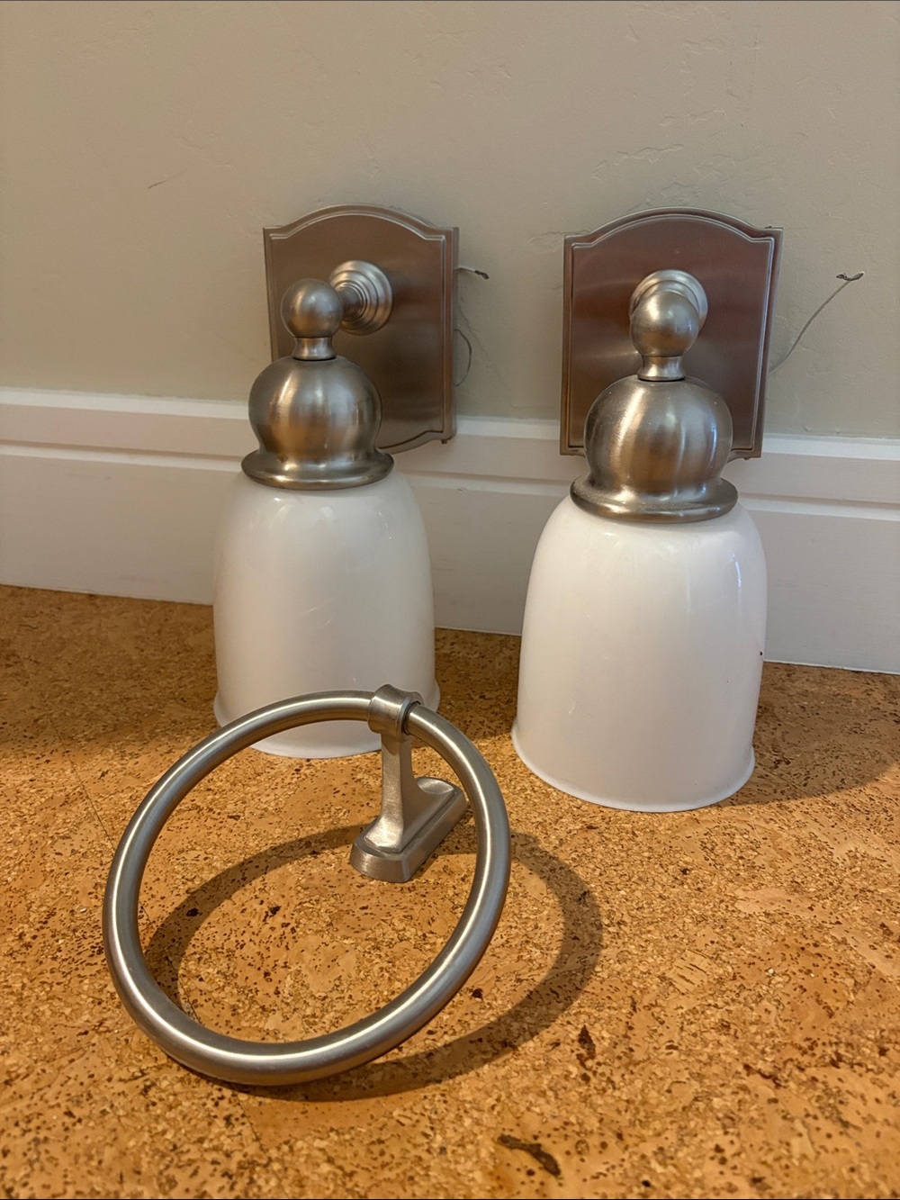 Pair of Pottery Barn Brushed Nickel Covington bath sconces plus towel bar